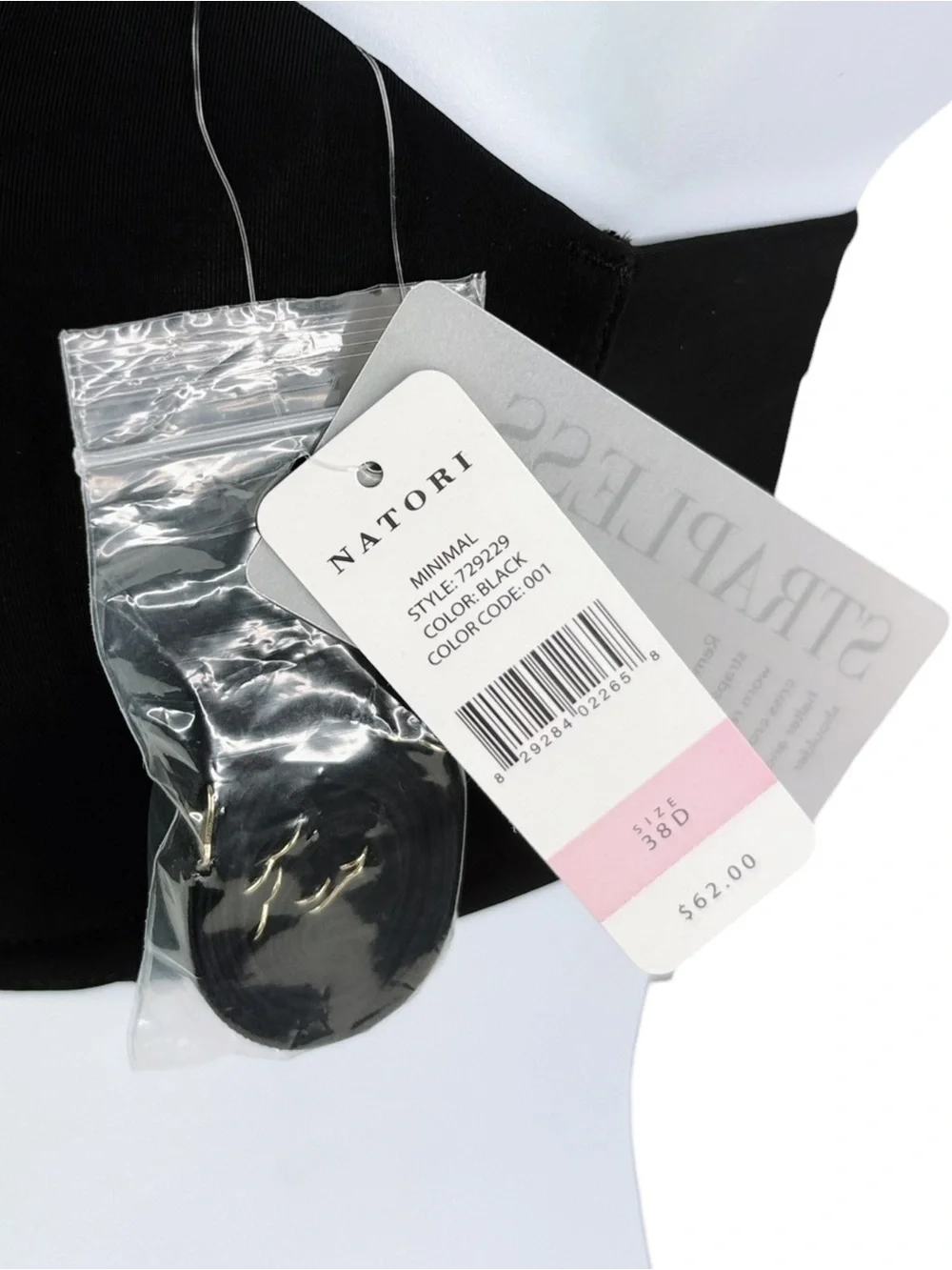 NWT Natori Minimal Strapless Bra sz 38D * Black Sleek Underwire Adjustable Strap - Picture 3 of 4